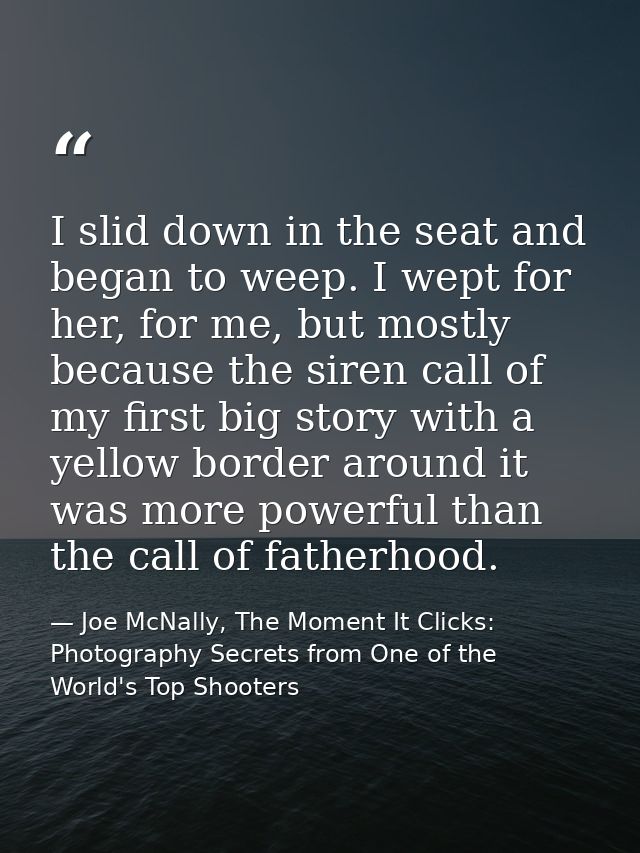 I slid down in the seat and began to weep. I wept for her, for me, but mostly because the siren call of my first big sto — Joe McNally, The Moment It Clicks: Photography Secrets from One of the World's Top Shooters