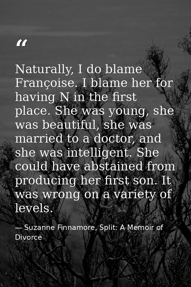Naturally, I do blame Françoise. I blame her for having N in the first place. She was young, she was beautiful, she was  — Suzanne Finnamore, Split: A Memoir of Divorce