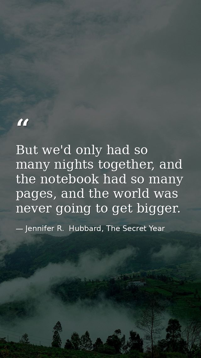 But we'd only had so many nights together, and the notebook had so many pages, and the world was never going to get bigg — Jennifer R.  Hubbard, The Secret Year