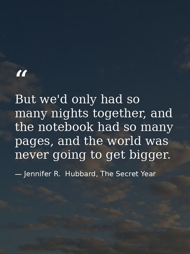 But we'd only had so many nights together, and the notebook had so many pages, and the world was never going to get bigg — Jennifer R.  Hubbard, The Secret Year