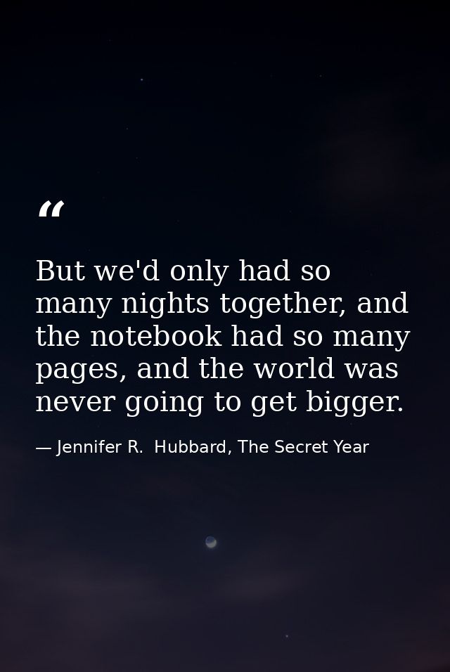 But we'd only had so many nights together, and the notebook had so many pages, and the world was never going to get bigg — Jennifer R.  Hubbard, The Secret Year
