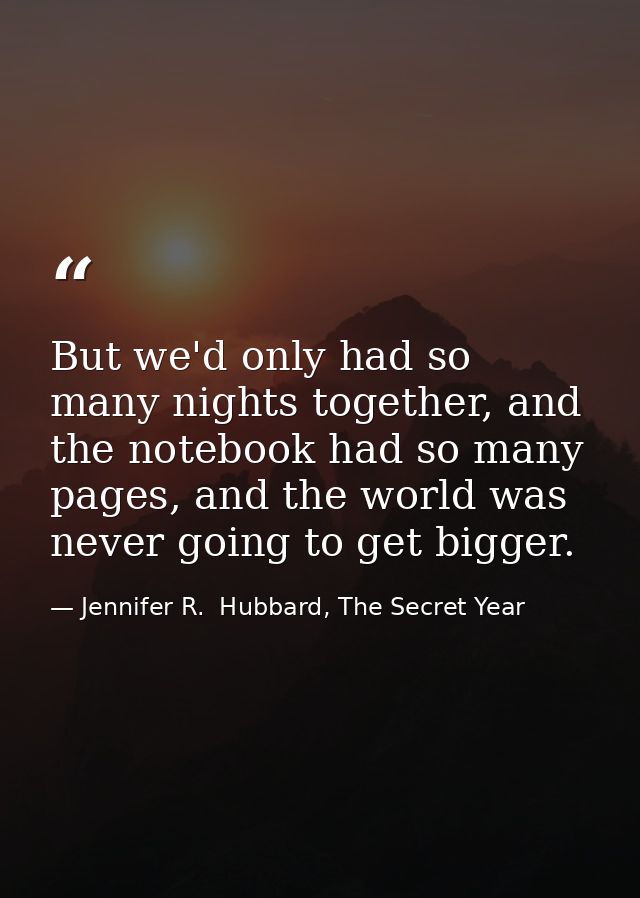But we'd only had so many nights together, and the notebook had so many pages, and the world was never going to get bigg — Jennifer R.  Hubbard, The Secret Year