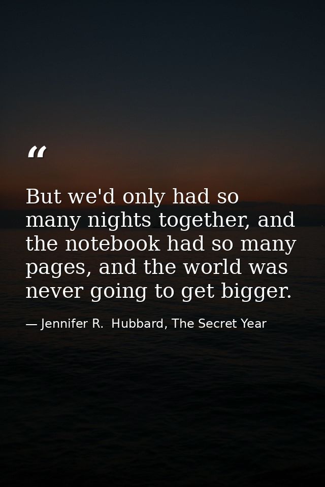 But we'd only had so many nights together, and the notebook had so many pages, and the world was never going to get bigg — Jennifer R.  Hubbard, The Secret Year
