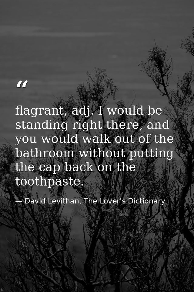 flagrant, adj. I would be standing right there, and you would walk out of the bathroom without putting the cap back on t — David Levithan, The Lover's Dictionary
