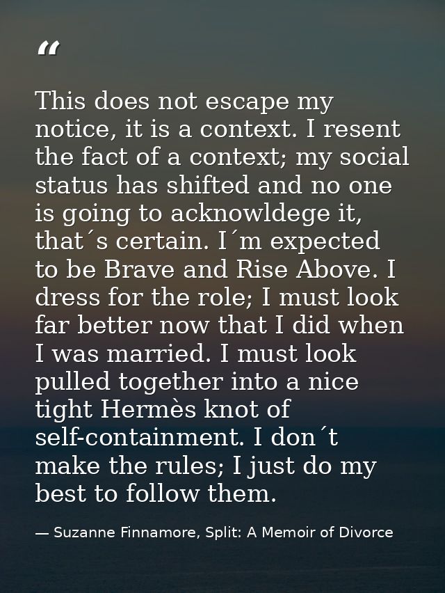 This does not escape my notice, it is a context. I resent the fact of a context; my social status has shifted and no one — Suzanne Finnamore, Split: A Memoir of Divorce