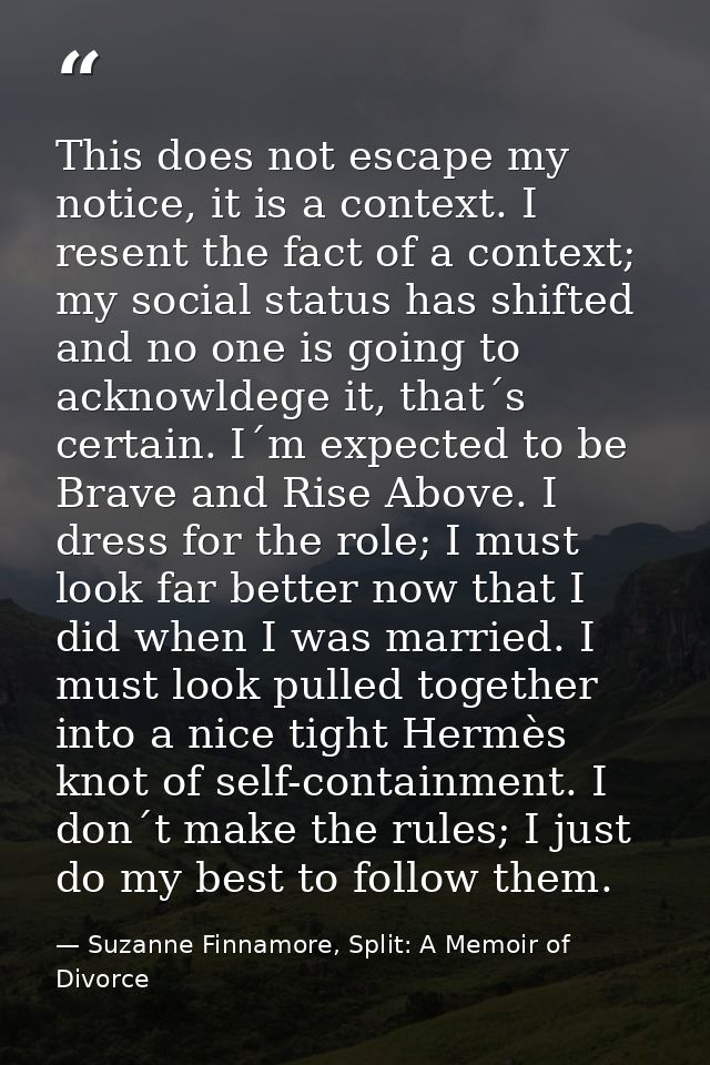 This does not escape my notice, it is a context. I resent the fact of a context; my social status has shifted and no one — Suzanne Finnamore, Split: A Memoir of Divorce