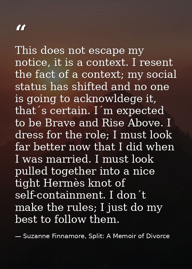 This does not escape my notice, it is a context. I resent the fact of a context; my social status has shifted and no one — Suzanne Finnamore, Split: A Memoir of Divorce
