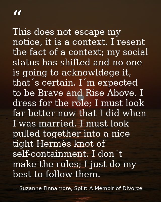 This does not escape my notice, it is a context. I resent the fact of a context; my social status has shifted and no one — Suzanne Finnamore, Split: A Memoir of Divorce