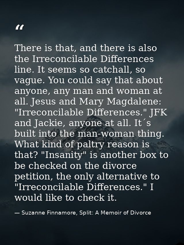 There is that, and there is also the Irreconcilable Differences line. It seems so catchall, so vague. You could say that — Suzanne Finnamore, Split: A Memoir of Divorce