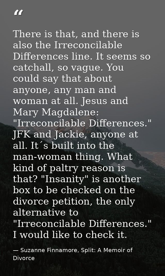 There is that, and there is also the Irreconcilable Differences line. It seems so catchall, so vague. You could say that — Suzanne Finnamore, Split: A Memoir of Divorce