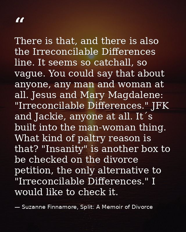 There is that, and there is also the Irreconcilable Differences line. It seems so catchall, so vague. You could say that — Suzanne Finnamore, Split: A Memoir of Divorce
