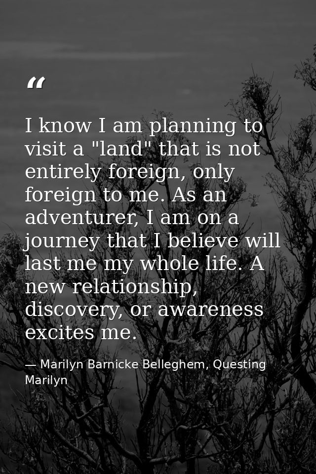 I know I am planning to visit a "land" that is not entirely foreign, only foreign to me. As an adventurer, I am on a jou — Marilyn Barnicke Belleghem, Questing Marilyn