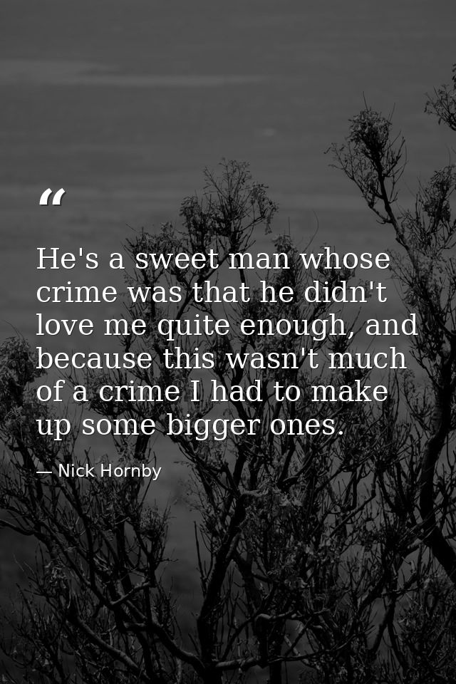 He's a sweet man whose crime was that he didn't love me quite enough, and because this wasn't much of a crime I had to m — Nick Hornby