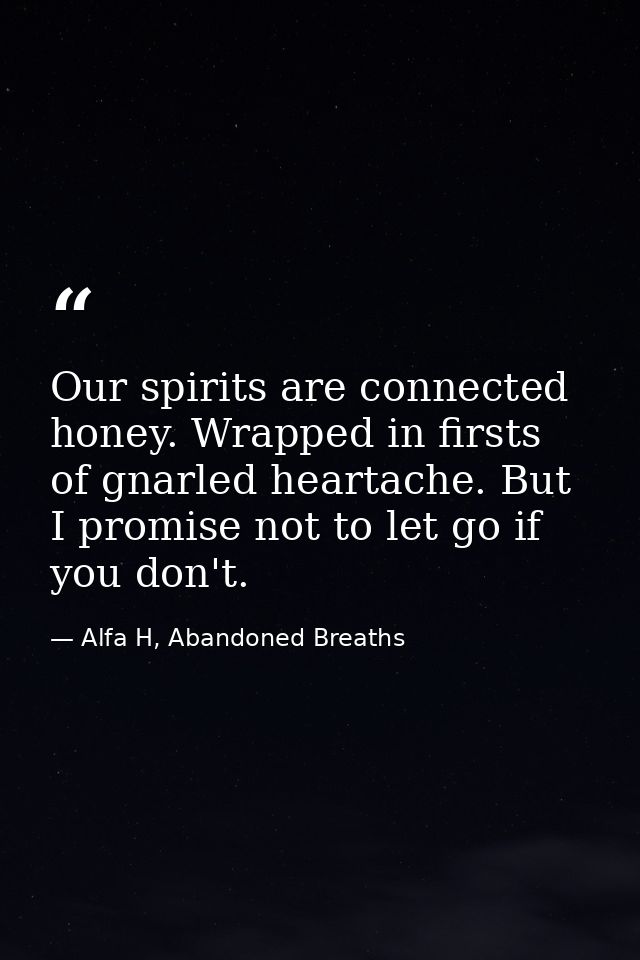 Our spirits are connected honey. Wrapped in firsts of gnarled heartache. But I promise not to let go if you don't. — Alfa H, Abandoned Breaths