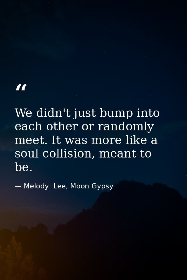 We didn't just bump into each other or randomly meet. It was more like a soul collision, meant to be. — Melody  Lee, Moon Gypsy
