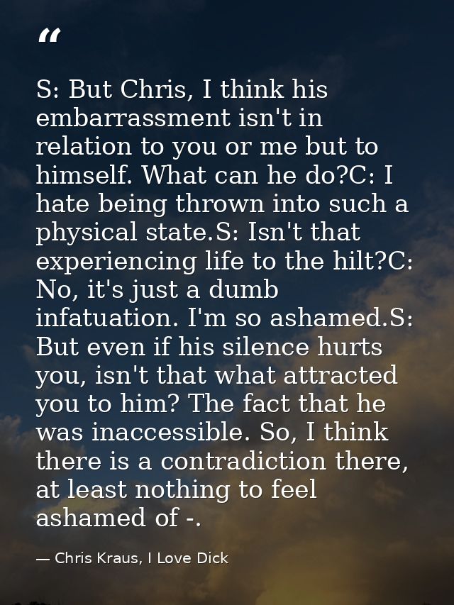 S: But Chris, I think his embarrassment isn't in relation to you or me but to himself. What can he do?C: I hate being th — Chris Kraus, I Love Dick