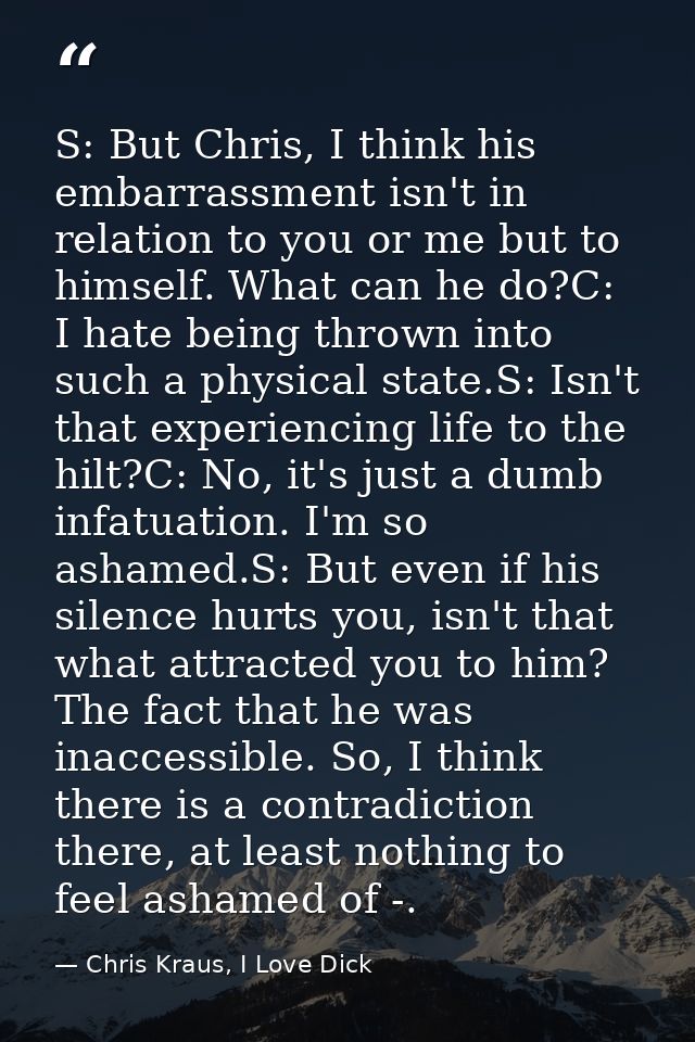 S: But Chris, I think his embarrassment isn't in relation to you or me but to himself. What can he do?C: I hate being th — Chris Kraus, I Love Dick