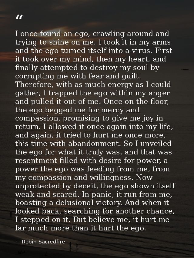 I once found an ego, crawling around and trying to shine on me. I took it in my arms and the ego turned itself into a vi — Robin Sacredfire