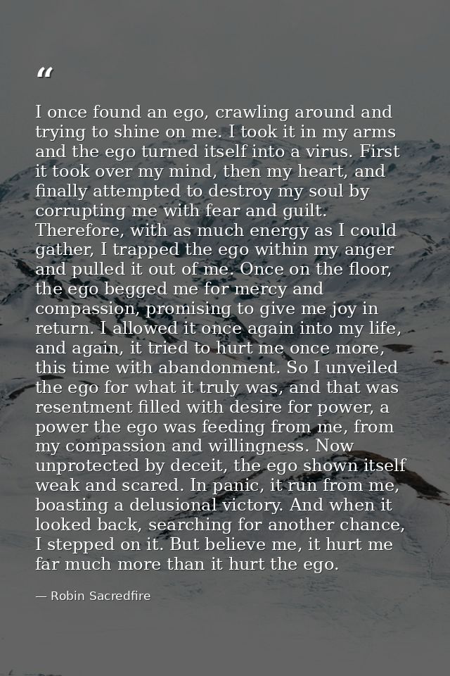 I once found an ego, crawling around and trying to shine on me. I took it in my arms and the ego turned itself into a vi — Robin Sacredfire