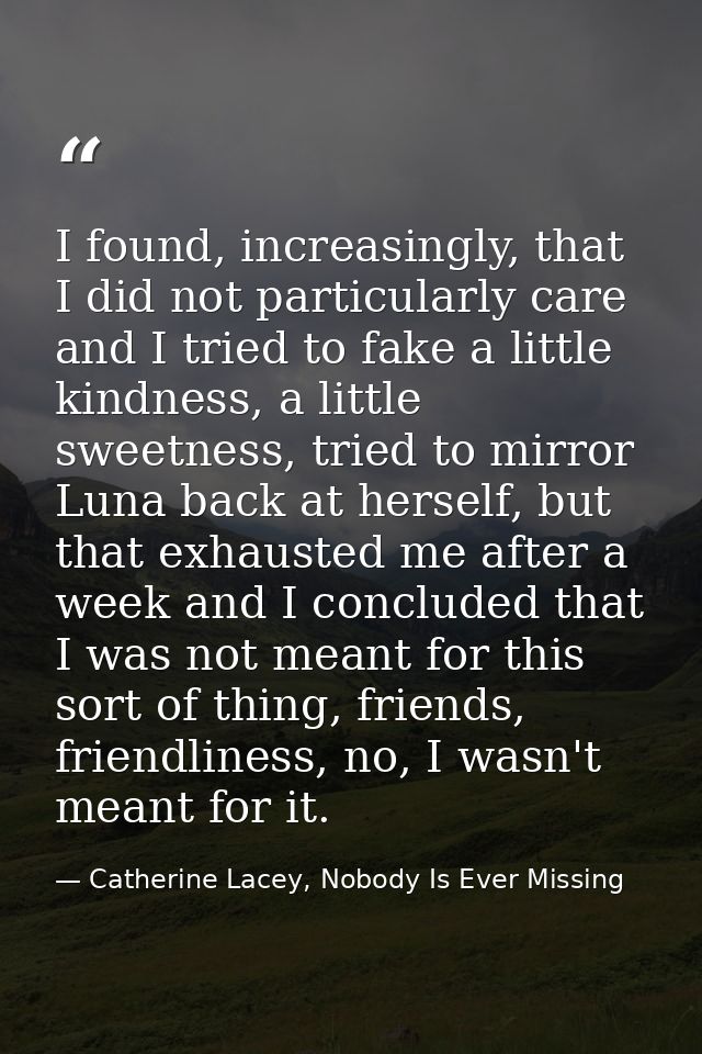 I found, increasingly, that I did not particularly care and I tried to fake a little kindness, a little sweetness, tried — Catherine Lacey, Nobody Is Ever Missing