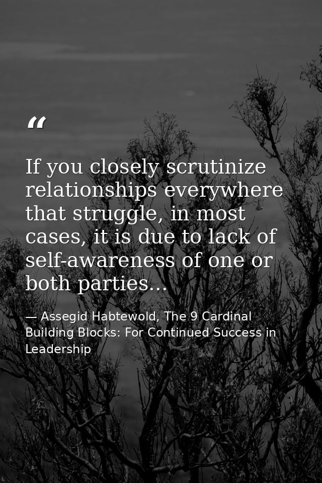If you closely scrutinize relationships everywhere that struggle, in most cases, it is due to lack of self-awareness of  — Assegid Habtewold, The 9 Cardinal Building Blocks: For Continued Success in Leadership