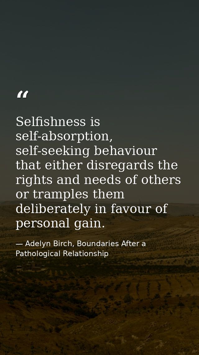 Selfishness is self-absorption, self-seeking behaviour that either disregards the rights and needs of others or tramples — Adelyn Birch, Boundaries After a Pathological Relationship