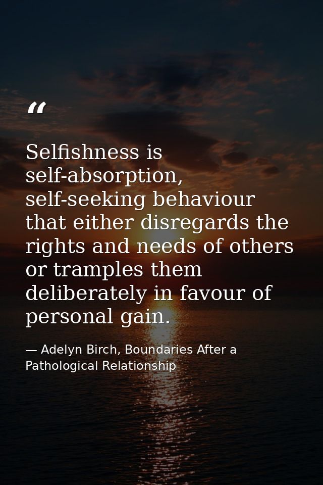 Selfishness is self-absorption, self-seeking behaviour that either disregards the rights and needs of others or tramples — Adelyn Birch, Boundaries After a Pathological Relationship
