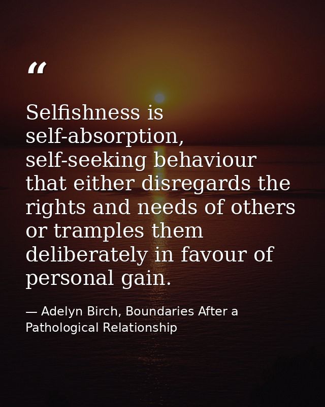 Selfishness is self-absorption, self-seeking behaviour that either disregards the rights and needs of others or tramples — Adelyn Birch, Boundaries After a Pathological Relationship