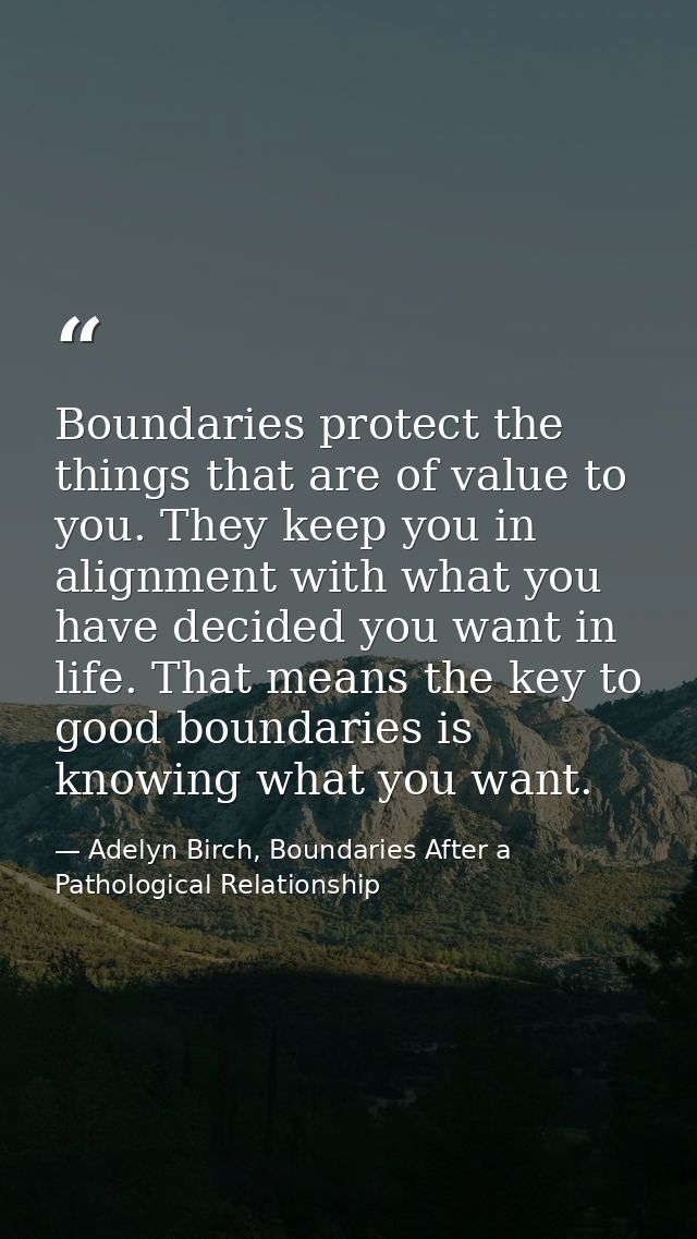 Boundaries protect the things that are of value to you. They keep you in alignment with what you have decided you want i — Adelyn Birch, Boundaries After a Pathological Relationship