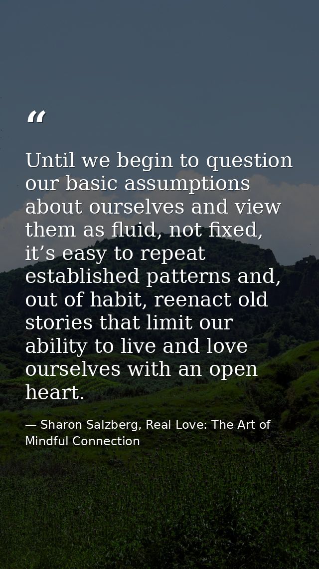 Until we begin to question our basic assumptions about ourselves and view them as fluid, not fixed, it’s easy to repeat  — Sharon Salzberg, Real Love: The Art of Mindful Connection