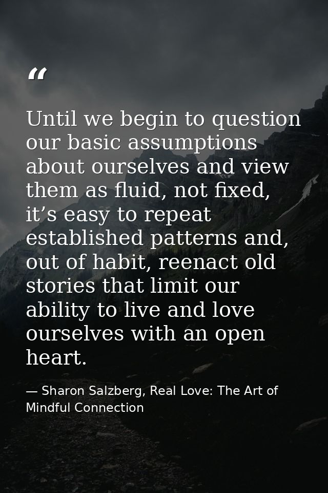 Until we begin to question our basic assumptions about ourselves and view them as fluid, not fixed, it’s easy to repeat  — Sharon Salzberg, Real Love: The Art of Mindful Connection