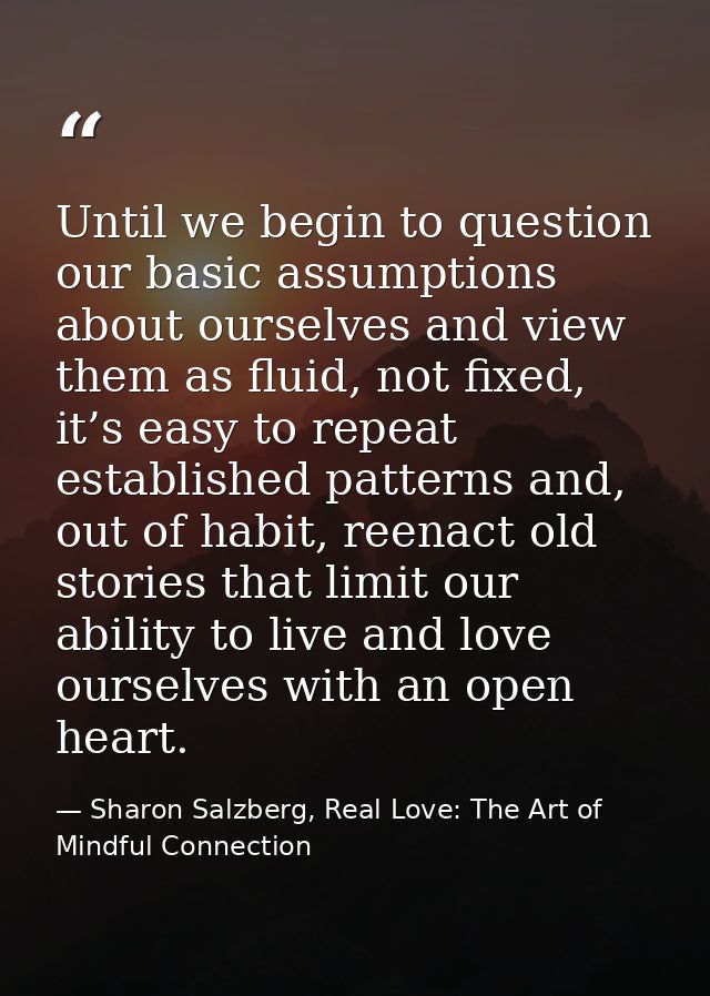 Until we begin to question our basic assumptions about ourselves and view them as fluid, not fixed, it’s easy to repeat  — Sharon Salzberg, Real Love: The Art of Mindful Connection