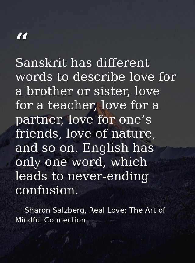 Sanskrit has different words to describe love for a brother or sister, love for a teacher, love for a partner, love for  — Sharon Salzberg, Real Love: The Art of Mindful Connection