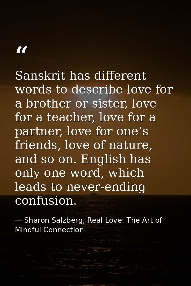 Sanskrit has different words to describe love for a brother or sister, love for a teacher, love for a partner, love for  — Sharon Salzberg, Real Love: The Art of Mindful Connection