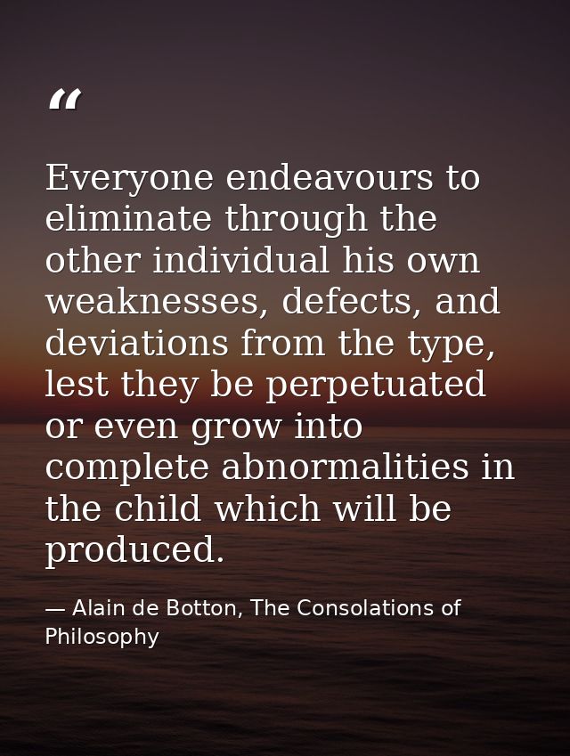 Everyone endeavours to eliminate through the other individual his own weaknesses, defects, and deviations from the type, — Alain de Botton, The Consolations of Philosophy