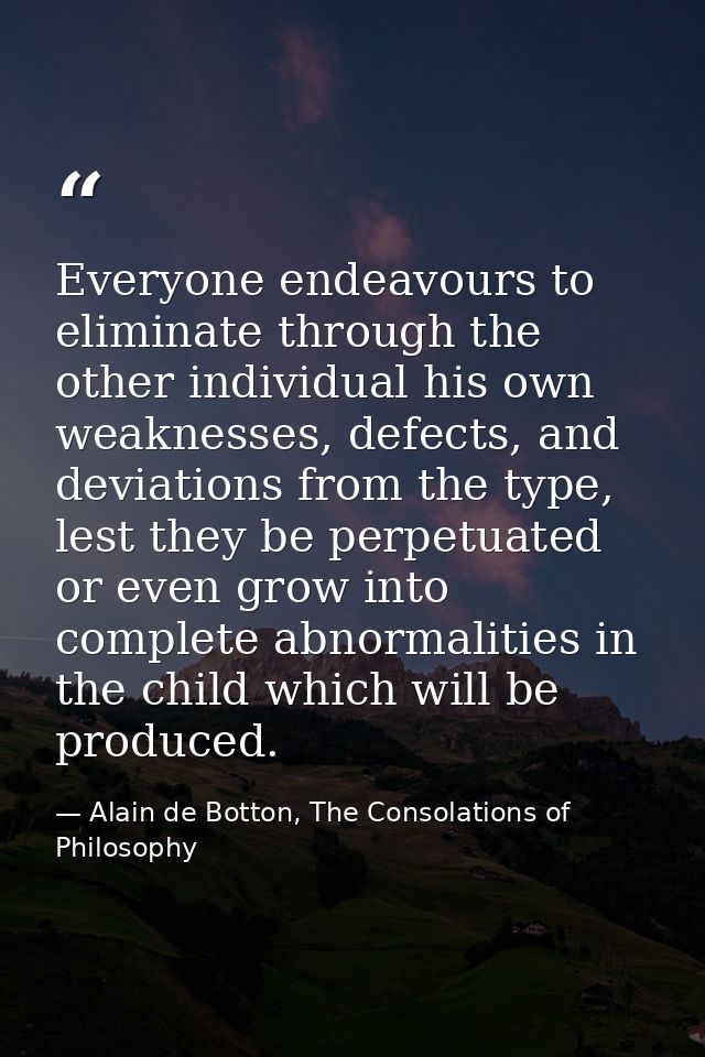 Everyone endeavours to eliminate through the other individual his own weaknesses, defects, and deviations from the type, — Alain de Botton, The Consolations of Philosophy