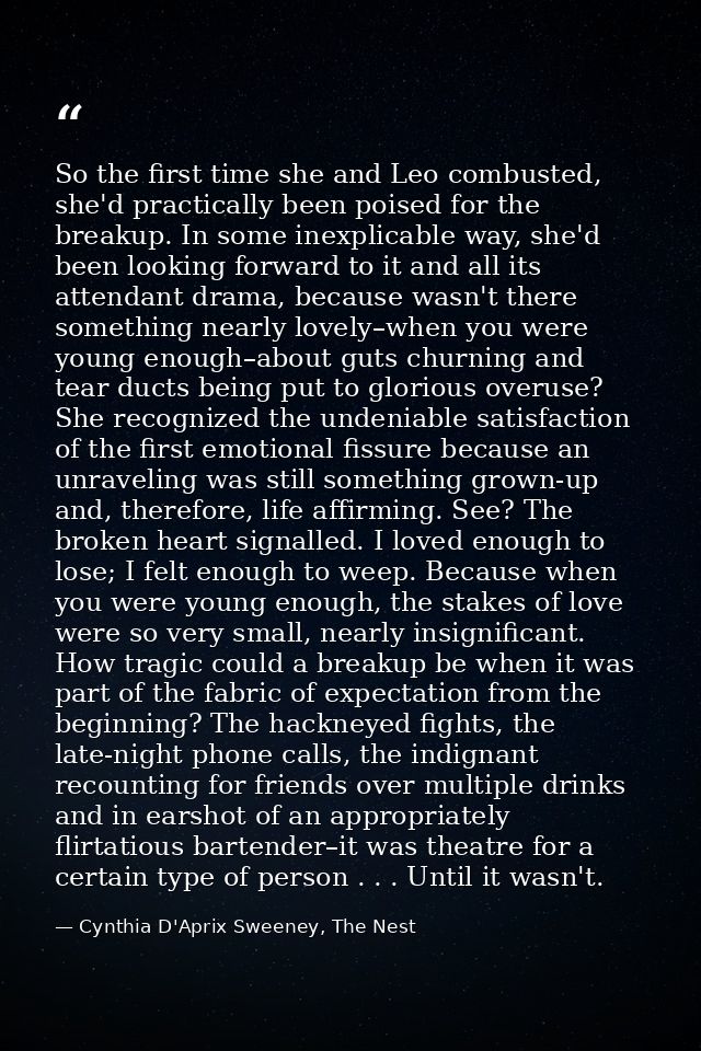 So the first time she and Leo combusted, she'd practically been poised for the breakup. In some inexplicable way, she'd  — Cynthia D'Aprix Sweeney, The Nest