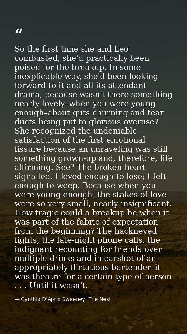 So the first time she and Leo combusted, she'd practically been poised for the breakup. In some inexplicable way, she'd  — Cynthia D'Aprix Sweeney, The Nest