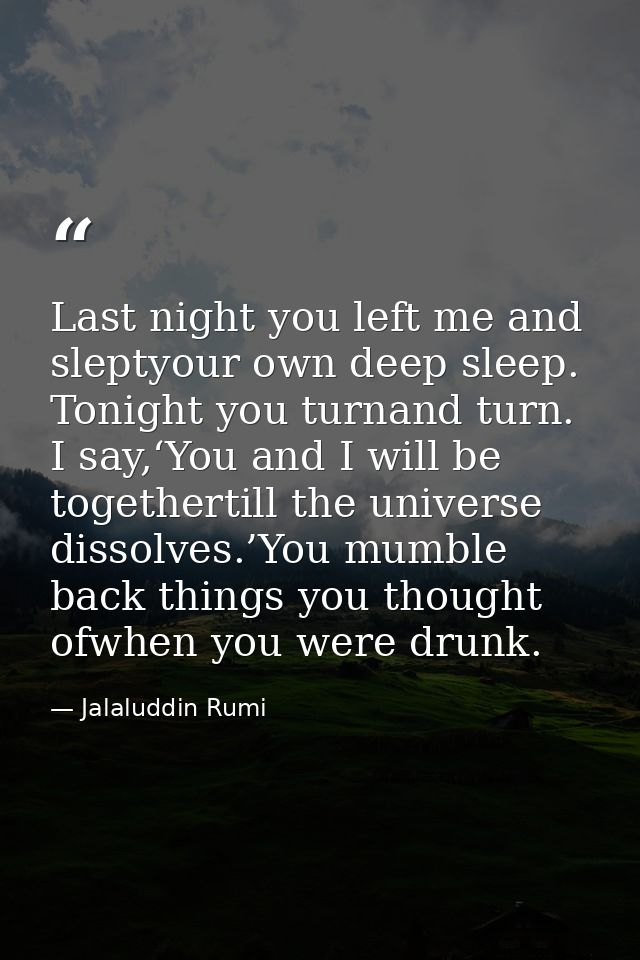 Last night you left me and sleptyour own deep sleep. Tonight you turnand turn. I say,‘You and I will be togethertill the — Jalaluddin Rumi
