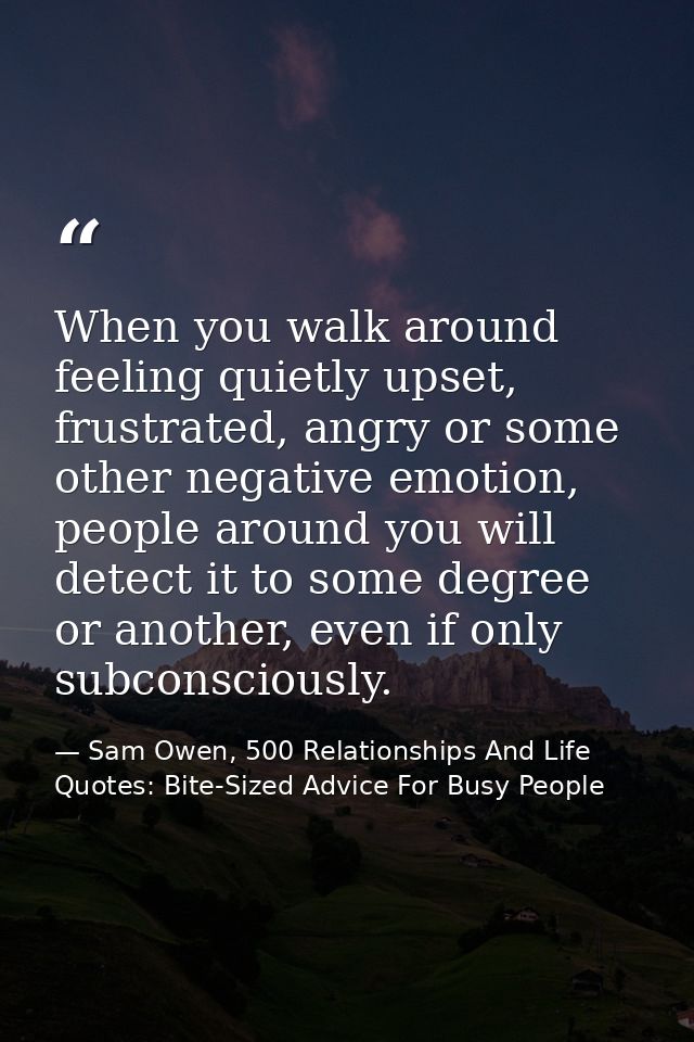 When you walk around feeling quietly upset, frustrated, angry or some other negative emotion, people around you will det — Sam Owen, 500 Relationships And Life Quotes: Bite-Sized Advice For Busy People