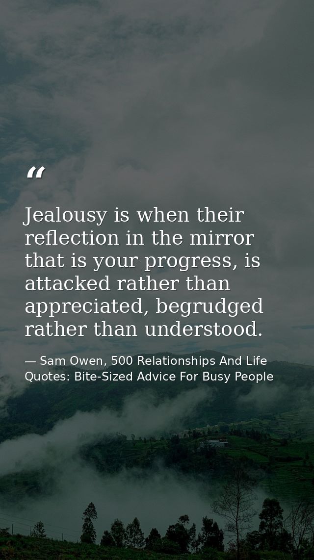 Jealousy is when their reflection in the mirror that is your progress, is attacked rather than appreciated, begrudged ra — Sam Owen, 500 Relationships And Life Quotes: Bite-Sized Advice For Busy People
