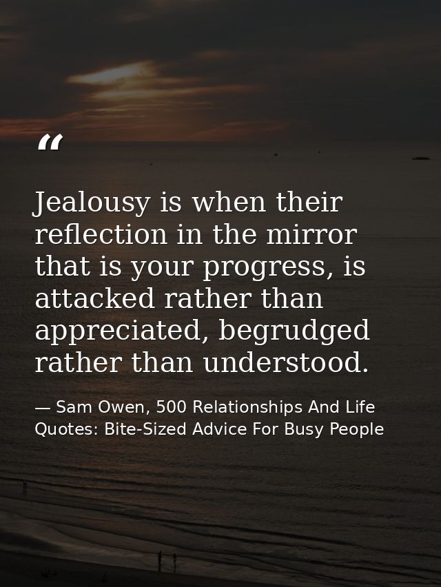 Jealousy is when their reflection in the mirror that is your progress, is attacked rather than appreciated, begrudged ra — Sam Owen, 500 Relationships And Life Quotes: Bite-Sized Advice For Busy People