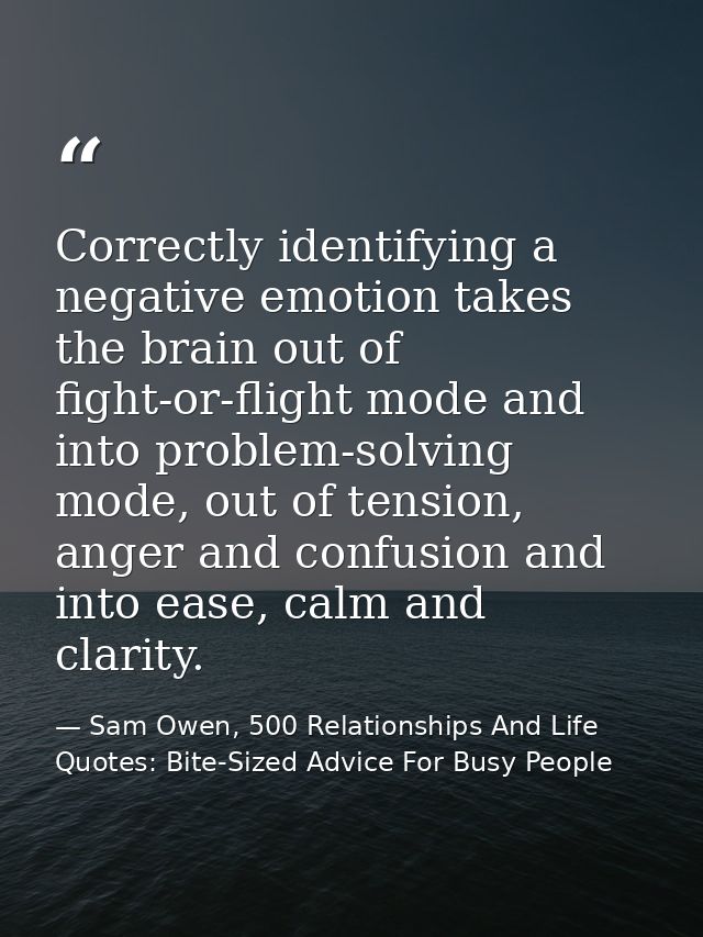 Correctly identifying a negative emotion takes the brain out of fight-or-flight mode and into problem-solving mode, out  — Sam Owen, 500 Relationships And Life Quotes: Bite-Sized Advice For Busy People