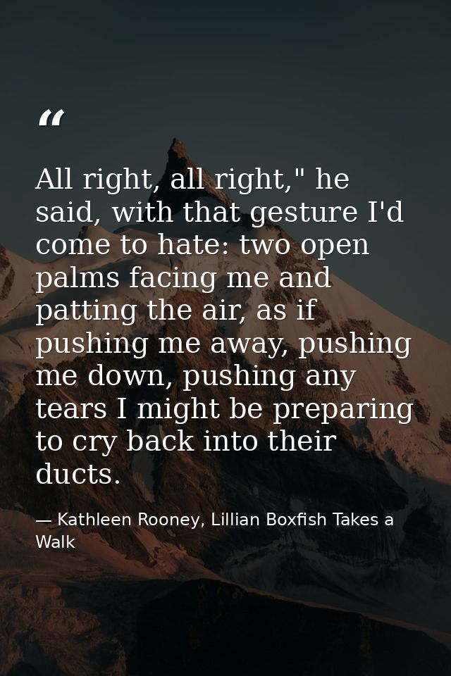 All right, all right," he said, with that gesture I'd come to hate: two open palms facing me and patting the air, as if  — Kathleen Rooney, Lillian Boxfish Takes a Walk