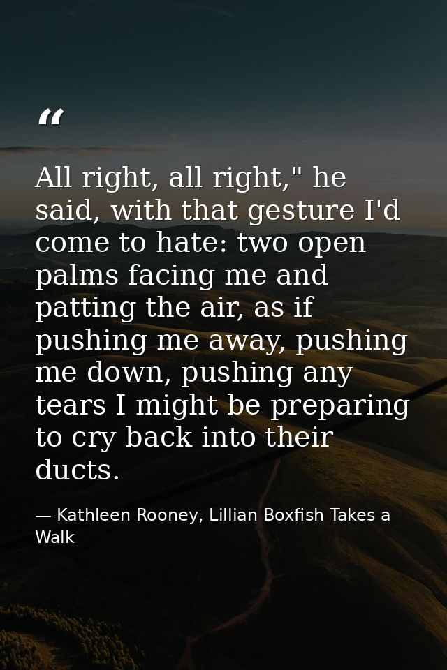 All right, all right," he said, with that gesture I'd come to hate: two open palms facing me and patting the air, as if  — Kathleen Rooney, Lillian Boxfish Takes a Walk