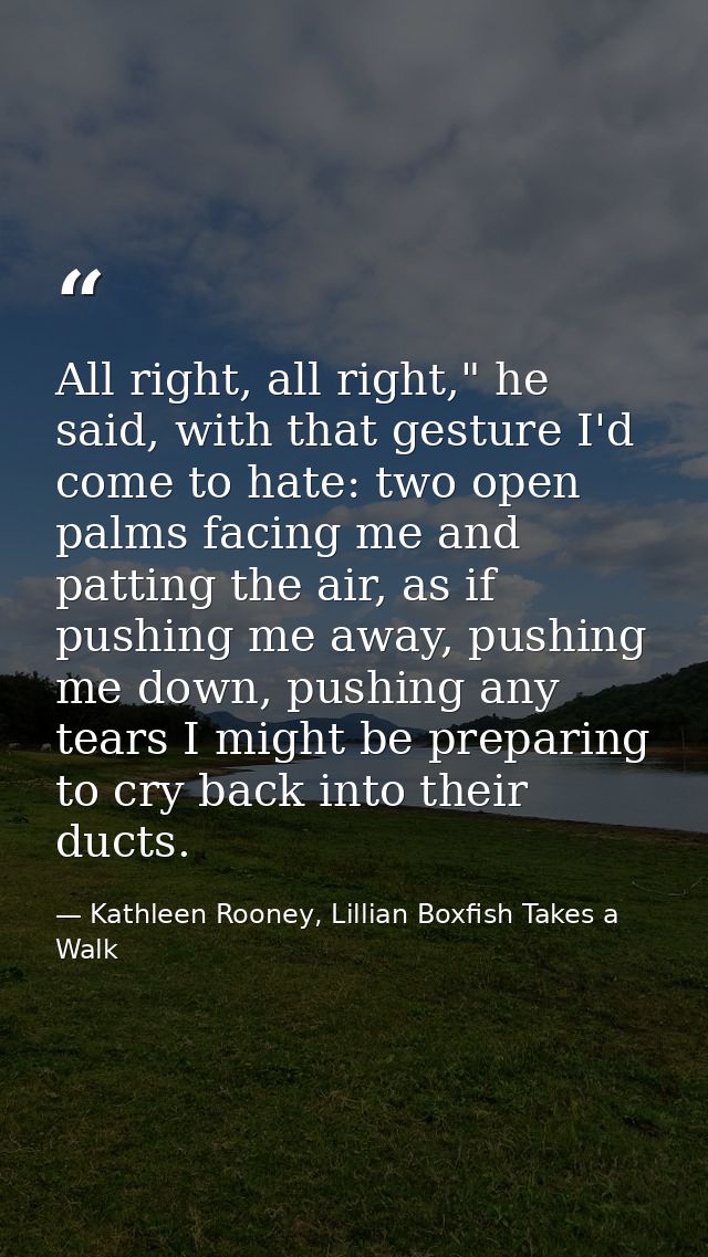 All right, all right," he said, with that gesture I'd come to hate: two open palms facing me and patting the air, as if  — Kathleen Rooney, Lillian Boxfish Takes a Walk