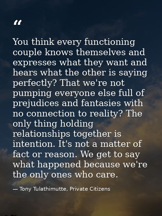 You think every functioning couple knows themselves and expresses what they want and hears what the other is saying perf — Tony Tulathimutte, Private Citizens