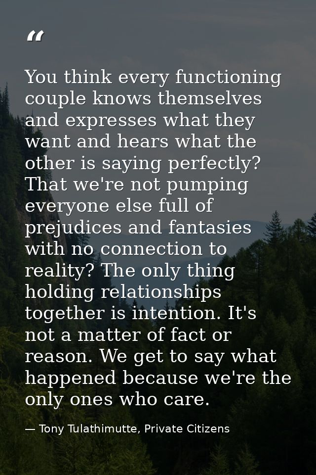 You think every functioning couple knows themselves and expresses what they want and hears what the other is saying perf — Tony Tulathimutte, Private Citizens