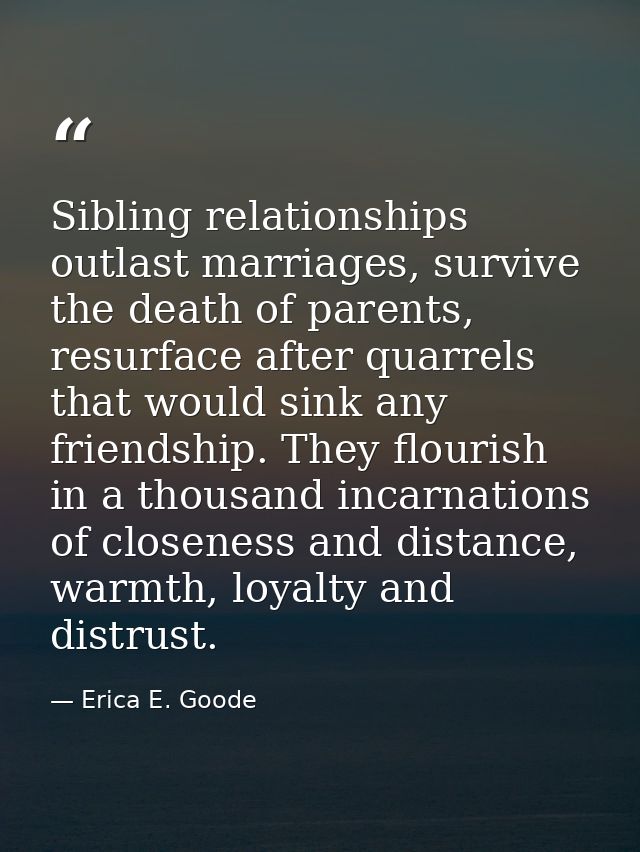 Sibling relationships outlast marriages, survive the death of parents, resurface after quarrels that would sink any frie — Erica E. Goode
