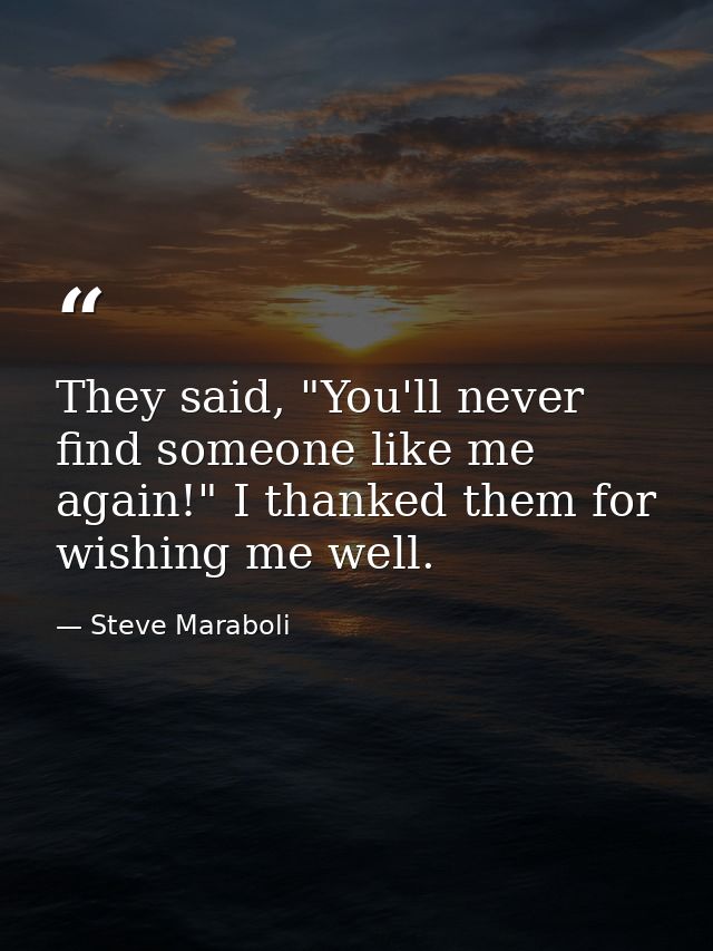 They said, "You'll never find someone like me again!" I thanked them for wishing me well. — Steve Maraboli